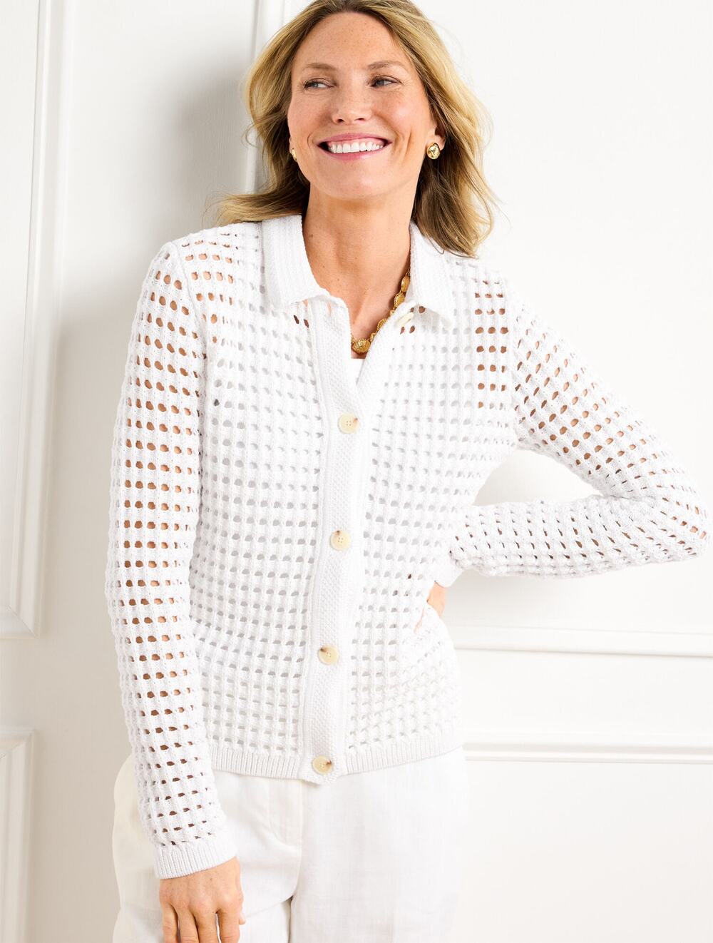 Talbots Womens Large White Open Stitch Polo Cardigan Contemporary Minimalist